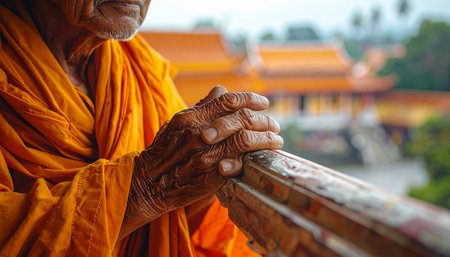 An elderly Buddhist monk stands in quiet contemplation, his weathered hands resting on a railing.の素材