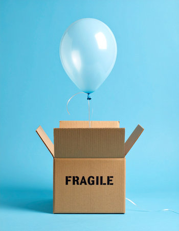A light blue balloon gently floats out of an open cardboard box marked 'FRAGILE'.の素材