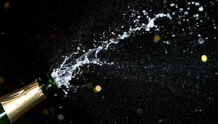 A close-up shot of a champagne bottle exploding with a powerful splash against a dark background.の素材