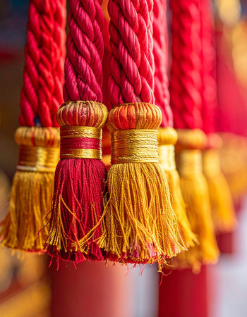 A row of elegant red and gold tassels hangs in perfect alignment, their silky threads catching the light.の素材