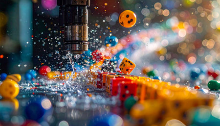 In a flash of vibrant energy, a precision machine makes contact, unleashing a chaotic yet beautiful explosion of colorful particles.の素材