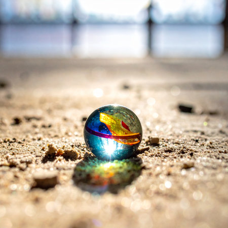A single, colorful glass marble rests on a dusty floor, illuminated by a magical light from behind.の素材