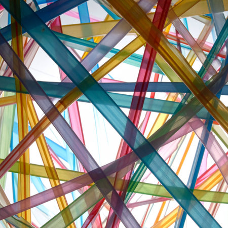 A vibrant and chaotic web of colorful, translucent strips crisscrosses against a bright white background.の素材