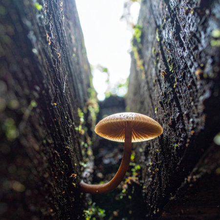 In the deep, dark crevice of an old tree, a single tiny mushroom pushes its way toward a sliver of light.の素材