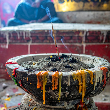 A single stick of incense sends a thin wisp of smoke towards the heavens from a rustic bowl covered in the colorful, melted wax of countless candles.の素材