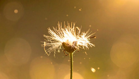 In the soft glow of a golden sunset, a single dandelion head transforms into a natural sparkler.の素材