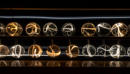 Rows of glass spheres capture chaotic yet beautiful trails of golden light, creating a mesmerizing display.の素材