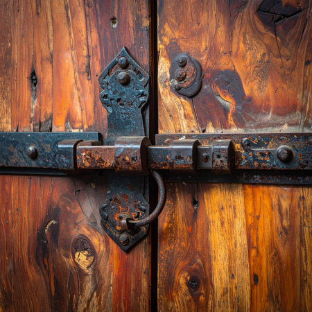 A close-up of a heavy, weathered wooden door secured by a rusty, hand-forged iron latch.の素材