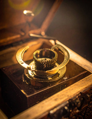 In a dusty wooden chest, a complex brass device gleams under a single ray of light.の素材