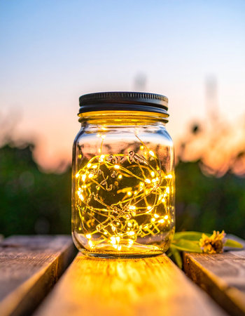 A glass mason jar captures a cluster of twinkling fairy lights, casting a warm, magical glow on a wooden table.の素材