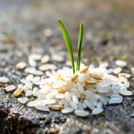 A single green sprout emerges with determination from a pile of rice grains, symbolizing hope, resilience, and the powerful potential for new beginnings.の素材