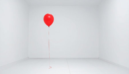 A single, vibrant red balloon floats alone in the corner of a stark white room.の素材