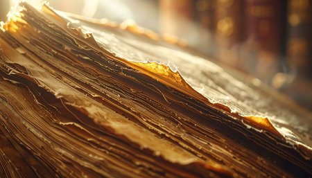 Golden sunlight streams across the fragile, decaying pages of an ancient manuscript, illuminating centuries of forgotten knowledge.の素材