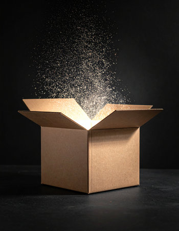 An open cardboard box on a dark surface releases a magical explosion of glittering particles.の素材