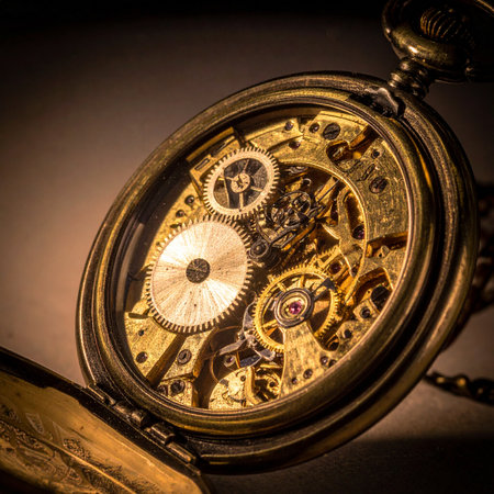 A macro view reveals the soul of a bygone era. Intricate golden gears and cogs turn in perfect harmony, a testament to timeless craftsmanship and the complex, beautiful passage of time.の素材