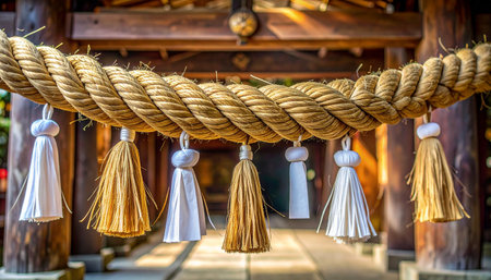 A close-up view of a sacred shimenawa, a traditional straw rope, marking the boundary of a hallowed space within a serene Japanese Shinto shrine.の素材