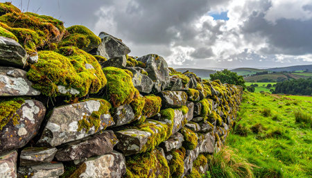 An ancient dry stone wall, blanketed in vibrant green moss, winds its way through rolling hills.の素材