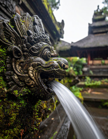 A close-up of an ancient, moss-covered stone dragon statue spouting sacred water at a tranquil Balinese temple.の素材