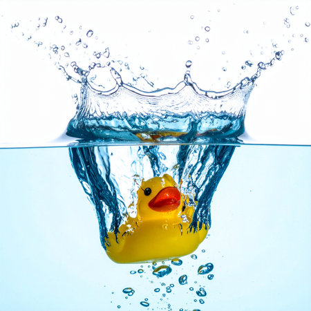 A classic yellow rubber duck makes a dramatic entrance, plunging into clear blue water.の素材