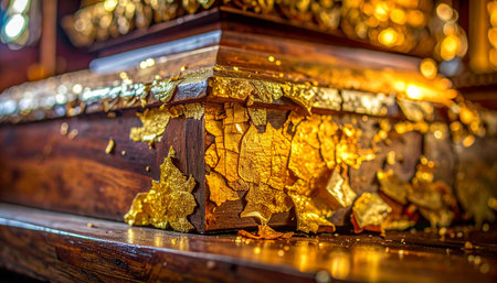 Layers of delicate gold leaf, applied with devotion over time, create a rich, textured surface on a sacred wooden altar.の素材