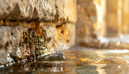 A single drop of water makes a delicate splash against the weathered stone base of an ancient fountain.の素材