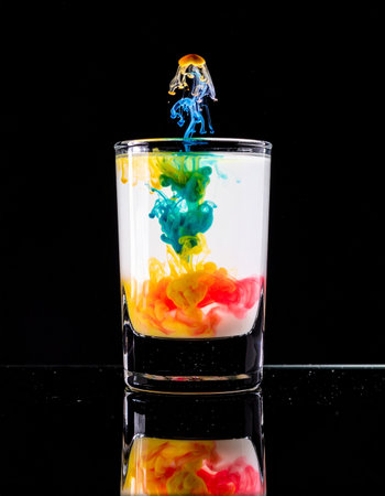 A vibrant burst of rainbow-colored ink descends into a glass of opaque white liquid, creating a mesmerizing and chaotic explosion of color.の素材
