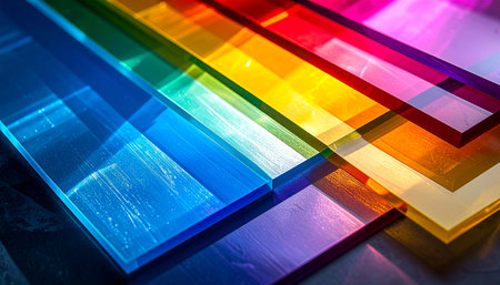 Light filters through a dynamic arrangement of colorful, translucent sheets, creating a vibrant spectrum of overlapping hues.の素材