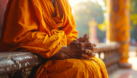 In the soft morning light of an ancient temple, a Buddhist monk sits in quiet contemplation.の素材