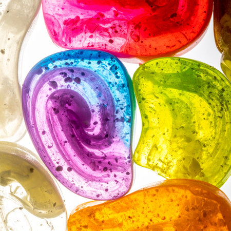 A vibrant collection of colorful, translucent glass-like shapes glows from within, illuminated against a bright white background.の素材