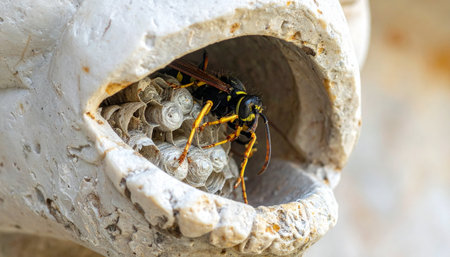 A detailed macro view captures a diligent paper wasp at the entrance of its intricate nest, meticulously built within a weathered crevice.の素材