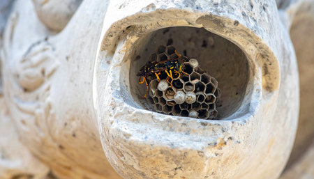 In an unexpected twist of nature, a colony of wasps has built an intricate honeycomb nest within the hollowed eye of an old, weathered stone sculpture.の素材