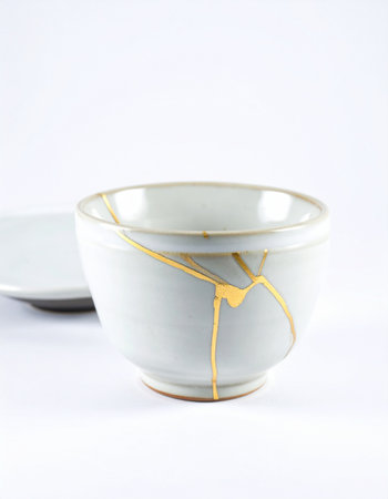 A beautifully repaired ceramic bowl showcases the Japanese art of kintsugi, where broken pieces are mended with gold.の素材