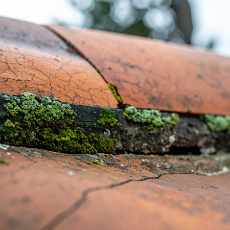 A detailed close-up captures the effects of time and weather on old terracotta roof tiles.の素材