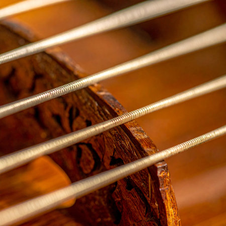 A macro perspective captures the intricate details of acoustic guitar strings stretched over the warm, ornate wooden rosette.の素材