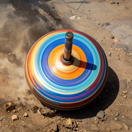 A classic, colorful wooden top spins with mesmerizing speed on the dusty ground, kicking up a small cloud as it balances perfectly in the bright sunlight.の素材