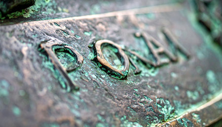 A macro detail shot captures the rich green patina and corroded texture of an antique bronze plaque.の素材