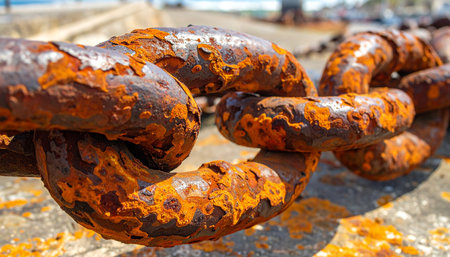 In the bright sun, the heavy links of an old industrial chain show their age.の素材