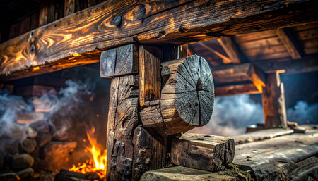 In the heart of a historic workshop, massive, hand-hewn timber beams bear the weight of ages.の素材