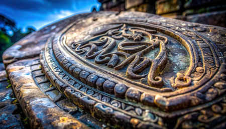 A close-up view of a weathered stone guardian, intricately carved with the likeness of a mythical beast.の素材
