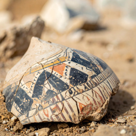 A close-up of a beautifully painted pottery fragment rests on the sandy ground of an archaeological site.の素材