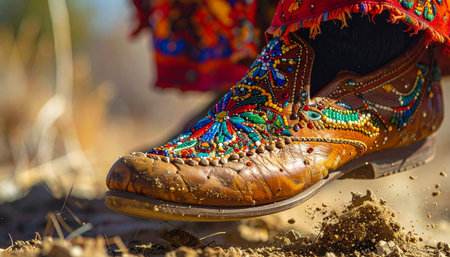 A close-up captures the energy of a traditional folk dance. An ornately embroidered leather shoe, rich with cultural heritage, stomps the dusty ground, kicking up earth with every rhythmic step.の素材