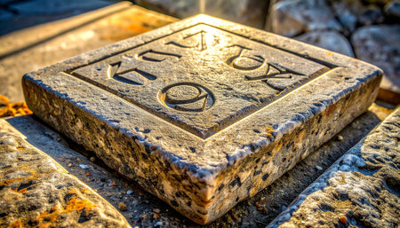 Bathed in the golden light of a setting sun, a recently unearthed stone artifact reveals its secrets.の素材