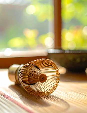 A traditional bamboo chasen whisk rests on a wooden table, bathed in the soft, warm glow of morning sunlight streaming through a window.の素材