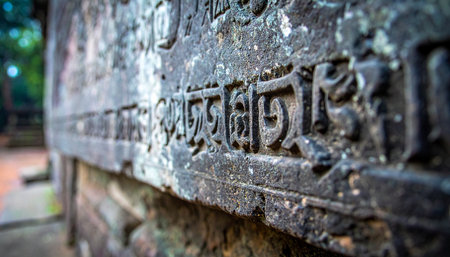 A close-up view reveals ancient Bengali script meticulously carved into a weathered stone wall.の素材