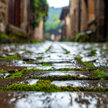 A low-angle view captures the intricate texture of a wet, moss-covered cobblestone path in a historic alley.の素材
