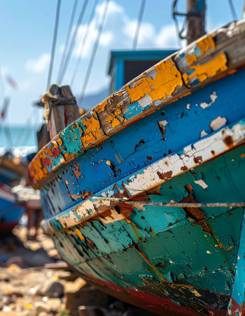 Layers of colorful, peeling paint on the hull of an old wooden fishing boat tell a story of countless journeys at sea.の素材