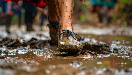 A close-up view captures the raw determination of a competitor during an extreme trail race.の素材