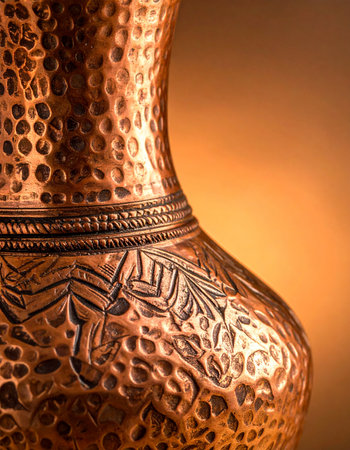 A close-up view reveals the intricate details of a handcrafted copper vase.の素材