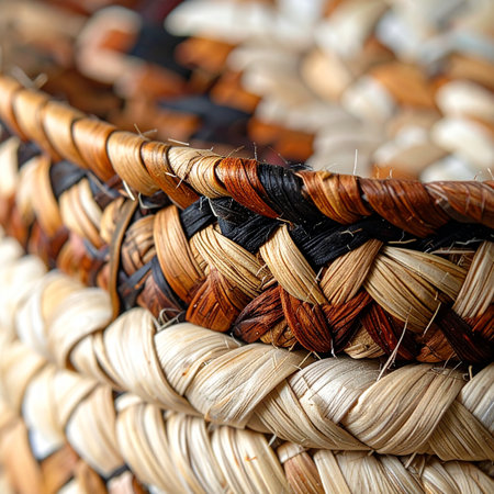 A macro view reveals the intricate details and rich, earthy tones of a handcrafted basket.の素材