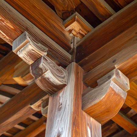 A close-up view reveals the masterful artistry of traditional Japanese wood joinery.の素材